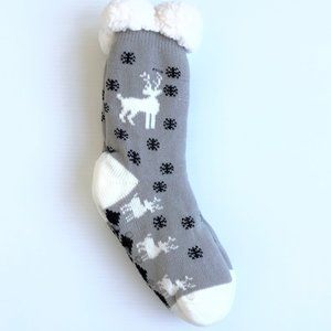 White Reindeer on Gray, Sherpa Lined Slipper Socks